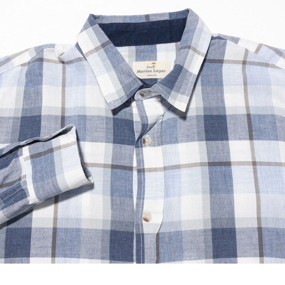 Marine Layer Shirt Men's Medium Blue White Plaid Long Sleeve Button-Front Casual